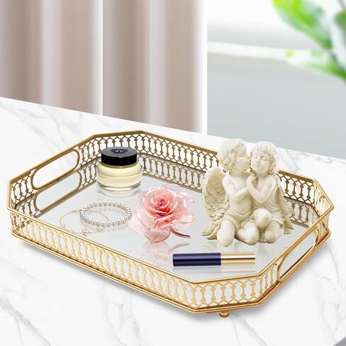 Vintage Gold Mirrored Vanity Mirror Tray Decorative Perfume and Makeup Organizer with Handles for Dresser,Bathroom or Jewelry Display, Decor Home Large Size in Saudi Arabia