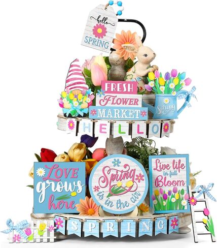 Bucherry 24 Pcs Hello Spring Flower Tiered Tray Decor Sets Tulip Dwarf Fence Wooden Ladder Flowers Decorations Table Wooden Sign Tabletop Rustic Tiered Tray Decor for Holiday Party Home Kitchen Shelf in Saudi Arabia
