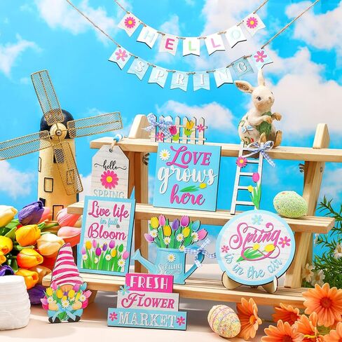 Bucherry 24 Pcs Hello Spring Flower Tiered Tray Decor Sets Tulip Dwarf Fence Wooden Ladder Flowers Decorations Table Wooden Sign Tabletop Rustic Tiered Tray Decor for Holiday Party Home Kitchen Shelf in Saudi Arabia