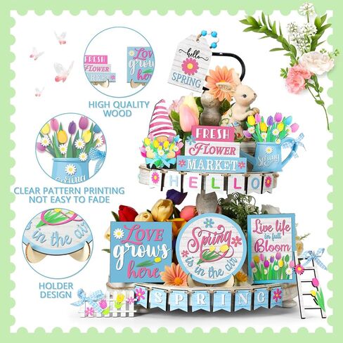 Bucherry 24 Pcs Hello Spring Flower Tiered Tray Decor Sets Tulip Dwarf Fence Wooden Ladder Flowers Decorations Table Wooden Sign Tabletop Rustic Tiered Tray Decor for Holiday Party Home Kitchen Shelf in Saudi Arabia