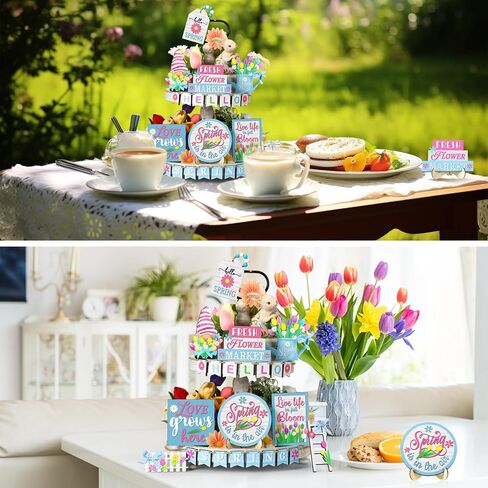 Bucherry 24 Pcs Hello Spring Flower Tiered Tray Decor Sets Tulip Dwarf Fence Wooden Ladder Flowers Decorations Table Wooden Sign Tabletop Rustic Tiered Tray Decor for Holiday Party Home Kitchen Shelf in Saudi Arabia