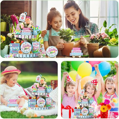 Bucherry 24 Pcs Hello Spring Flower Tiered Tray Decor Sets Tulip Dwarf Fence Wooden Ladder Flowers Decorations Table Wooden Sign Tabletop Rustic Tiered Tray Decor for Holiday Party Home Kitchen Shelf in Saudi Arabia