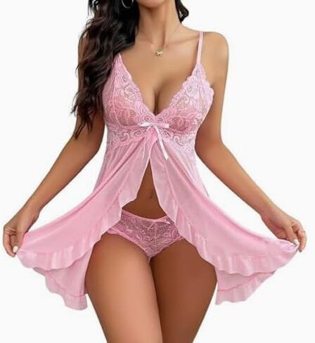 2-Pack Sexy Open Front V Neck Ruffle Sheer Mesh Lace Wireless Babydoll Lingerie Dress with Thong in Saudi Arabia