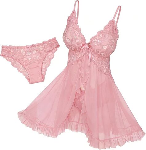 2-Pack Sexy Open Front V Neck Ruffle Sheer Mesh Lace Wireless Babydoll Lingerie Dress with Thong in Saudi Arabia
