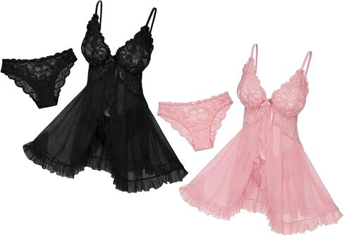 2-Pack Sexy Open Front V Neck Ruffle Sheer Mesh Lace Wireless Babydoll Lingerie Dress with Thong in Saudi Arabia
