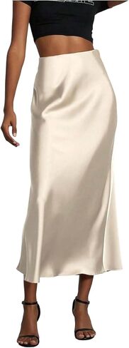 تنورة حريرية حريرية بحاشية مضيئة للسيدات، تنورة طويلة مرنة بخصر عالٍ لحفلات الكوكتيل in Kuwait