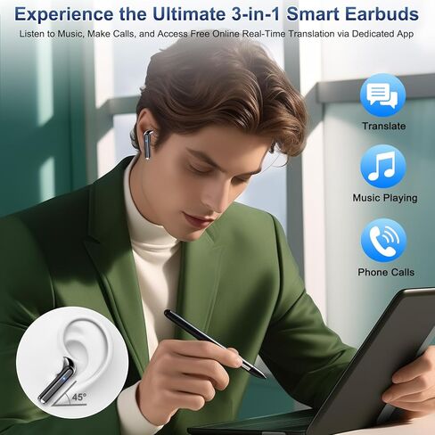 AI Translation Earbuds Real Time, 164 Language Translator Earbuds 3-in-1 Bluetooth 5.4 with APP, Translation Headphones with 6 Translation Modes Translating Device for Travel/Business/Learning in Saudi Arabia