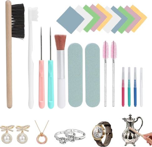 مجموعة تنظيف المجوهرات من زيبرابوكس، 24 قطعة من فرشاة تنظيف المجوهرات ومجموعة فرش تنظيف الساعات، طقم تلميع المجوهرات لجميع خواتم المجوهرات الذهبية والماس والفضة وأدوات إزالة التلوث والعناية in Kuwait