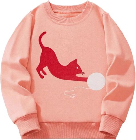 Girls Crewneck Sweatshirt Red Cat Print Long Sleeve Top Casual Multi Season for 3-8 Years in Saudi Arabia