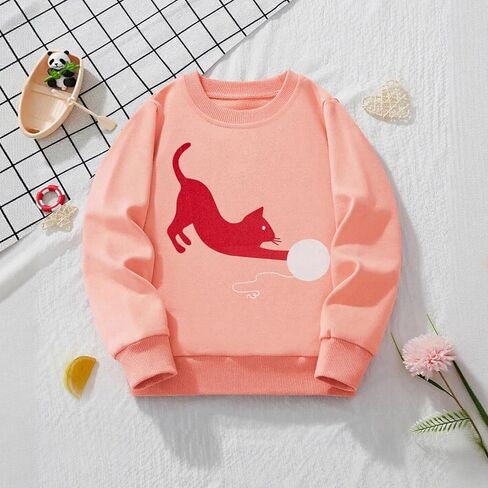 Girls Crewneck Sweatshirt Red Cat Print Long Sleeve Top Casual Multi Season for 3-8 Years in Saudi Arabia