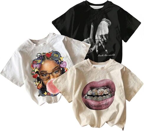 GORGLITTER Girl's 3 Pack Y2K Graphic Tees Cool Crew Neck Short Sleeve T Shirt Y2k Summer Casual Streetwear Tops in Saudi Arabia