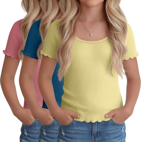 3 Pack Girl's Short Sleeve Shirts Kids Lettuce Trim U Neck Tops Ribbed Slim Fit T-Shirts Cute Casual Basic Tee 5-14Y in Saudi Arabia