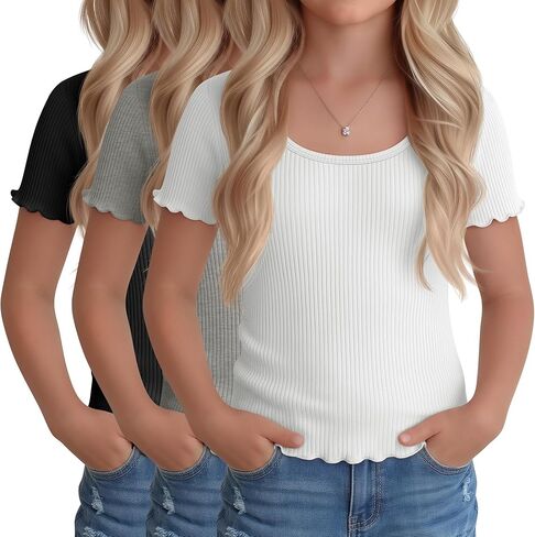3 Pack Girl's Short Sleeve Shirts Kids Lettuce Trim U Neck Tops Ribbed Slim Fit T-Shirts Cute Casual Basic Tee 5-14Y in Saudi Arabia