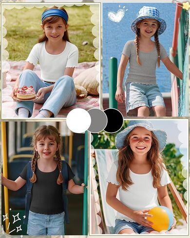 3 Pack Girl's Short Sleeve Shirts Kids Lettuce Trim U Neck Tops Ribbed Slim Fit T-Shirts Cute Casual Basic Tee 5-14Y in Saudi Arabia