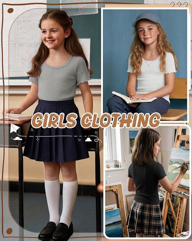 3 Pack Girl's Short Sleeve Shirts Kids Lettuce Trim U Neck Tops Ribbed Slim Fit T-Shirts Cute Casual Basic Tee 5-14Y in Saudi Arabia