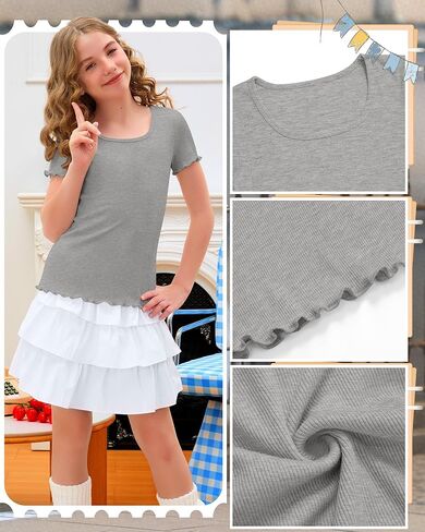 3 Pack Girl's Short Sleeve Shirts Kids Lettuce Trim U Neck Tops Ribbed Slim Fit T-Shirts Cute Casual Basic Tee 5-14Y in Saudi Arabia