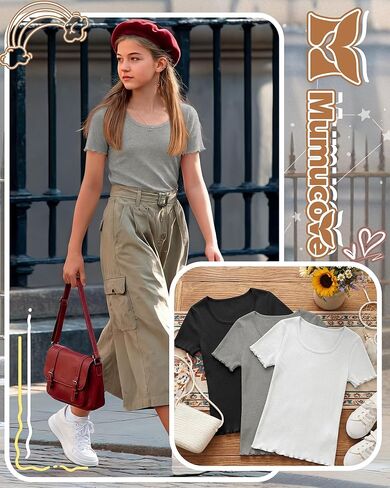 3 Pack Girl's Short Sleeve Shirts Kids Lettuce Trim U Neck Tops Ribbed Slim Fit T-Shirts Cute Casual Basic Tee 5-14Y in Saudi Arabia