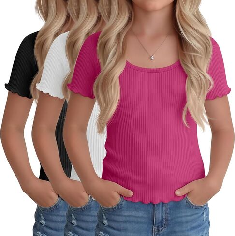 3 Pack Girl's Short Sleeve Shirts Kids Lettuce Trim U Neck Tops Ribbed Slim Fit T-Shirts Cute Casual Basic Tee 5-14Y in Saudi Arabia