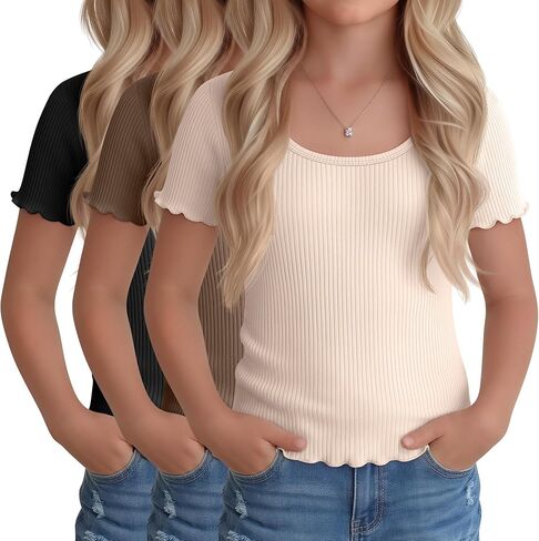 3 Pack Girl's Short Sleeve Shirts Kids Lettuce Trim U Neck Tops Ribbed Slim Fit T-Shirts Cute Casual Basic Tee 5-14Y in Saudi Arabia