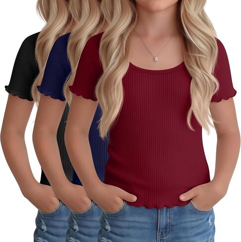 3 Pack Girl's Short Sleeve Shirts Kids Lettuce Trim U Neck Tops Ribbed Slim Fit T-Shirts Cute Casual Basic Tee 5-14Y in Saudi Arabia