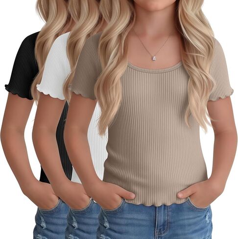 3 Pack Girl's Short Sleeve Shirts Kids Lettuce Trim U Neck Tops Ribbed Slim Fit T-Shirts Cute Casual Basic Tee 5-14Y in Saudi Arabia