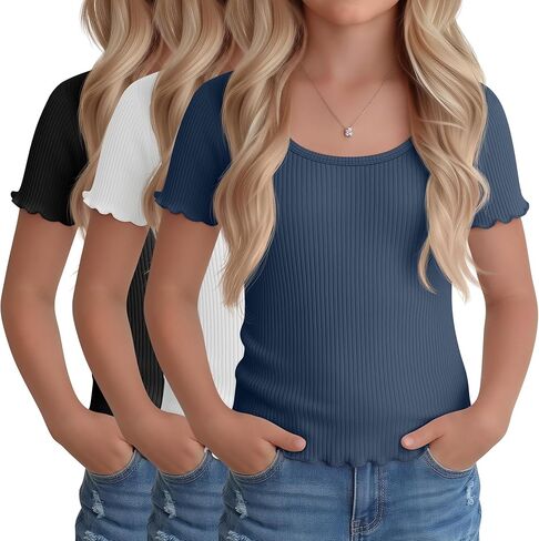 3 Pack Girl's Short Sleeve Shirts Kids Lettuce Trim U Neck Tops Ribbed Slim Fit T-Shirts Cute Casual Basic Tee 5-14Y in Saudi Arabia