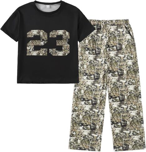 Kids Tween Boy Summer Fashion Clothing Set Camouflage Digital Print Top + Camouflage Pants Set in Kuwait