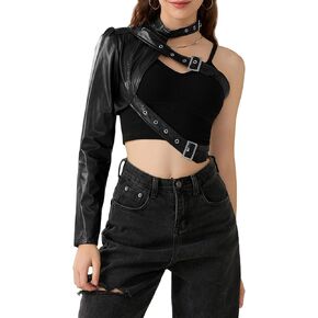Women One Shoulder Tops Pu Leather Long Sleeve Halter Neck Belt Buckle Top Punk Goth Outfits in Saudi Arabia