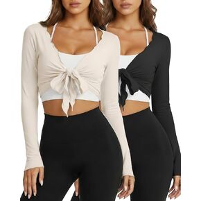 Coume 2 Pack Women Tie Front Wrap Tops Long Sleeve Pilate Ballet Ruffle Bolero Shrugs Crop Yoga Layering Workout Cardigan in Saudi Arabia