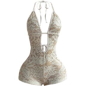 Women's Sexy Romper Sheer Lace Jumpsuit Y2K Date Night Rompers Halter Open Back Party Rave Club Shorts Jumpsuit in Saudi Arabia