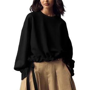 Women Tie Up Sweatshirt Crewneck Balloon Long Sleeve Shirt Casual Fall Pullover Crop Babydoll Tops in Kuwait