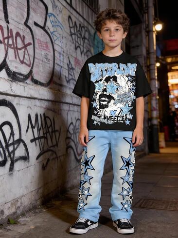 Boys 2-Piece Casual Outfit Set, Graphic Print Oversized Tee & Star Pants (8-12Y) Streetwear Summer Tracksuit in Saudi Arabia