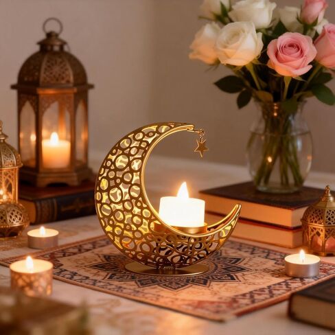 Golden Moon Shaped Candlestick Ornament, Moon Candle Holder with Star Pendant, Romantic and Reduce Stress Art Candle Holder for Eid, Wedding, Church, Table Centerpiece Decoration in Saudi Arabia