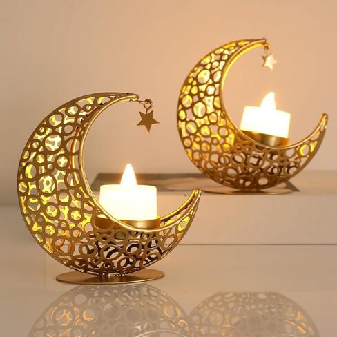 Golden Moon Shaped Candlestick Ornament, Moon Candle Holder with Star Pendant, Romantic and Reduce Stress Art Candle Holder for Eid, Wedding, Church, Table Centerpiece Decoration in Saudi Arabia