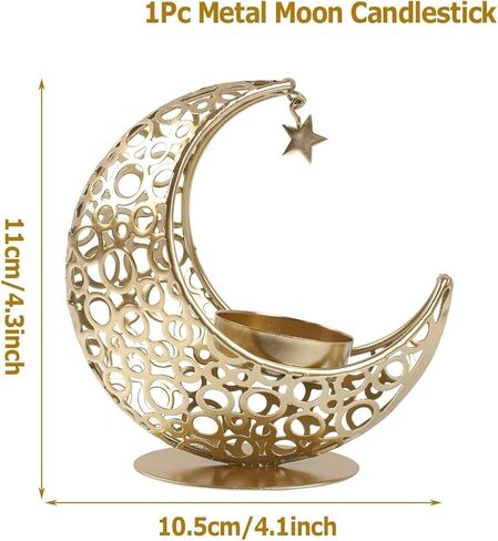 Golden Moon Shaped Candlestick Ornament, Moon Candle Holder with Star Pendant, Romantic and Reduce Stress Art Candle Holder for Eid, Wedding, Church, Table Centerpiece Decoration in Saudi Arabia