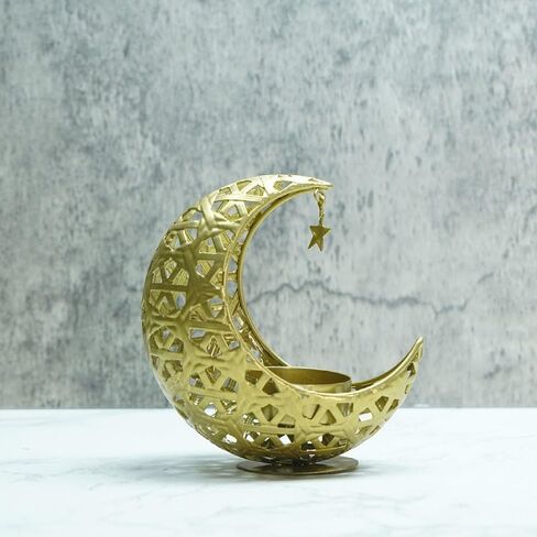 Golden Moon Shaped Candlestick Ornament, Moon Candle Holder with Star Pendant, Romantic and Reduce Stress Art Candle Holder for Eid, Wedding, Church, Table Centerpiece Decoration in Saudi Arabia