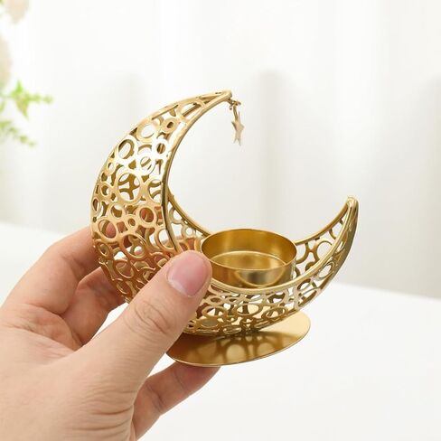 Golden Moon Shaped Candlestick Ornament, Moon Candle Holder with Star Pendant, Romantic and Reduce Stress Art Candle Holder for Eid, Wedding, Church, Table Centerpiece Decoration in Saudi Arabia