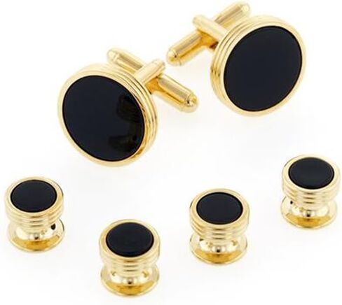 Genuine Onyx Concentric Circles Cufflinks and Studs Set in Gold in Saudi Arabia