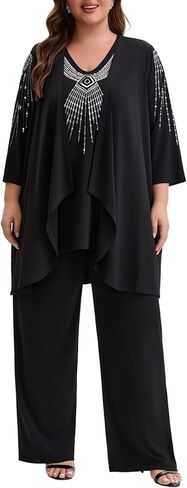 بدلة نسائية مقاس كبير لبنطلون أم العروس 3 قطع أنيقة ناعمة متماسكة مطرزة بالترتر لحفلات الزفاف وحفلات الكوكتيل in Kuwait