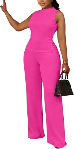 acelyn Elegant Women's 2 Piece Outfits Sleeveless Slit Mock Neck Top Wide Leg Pant Suits Set Work Business Pantsuit in Saudi Arabia