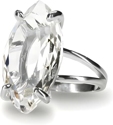 Marquise Crystal Quartz Ring – Clear Elongated Gemstone – 925 Sterling Silver Setting – Double Band Shank Mount – Tall Faceted Center – April Birth Month Jewelry – Statement Size Stone – Gift For Her in Saudi Arabia