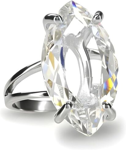 Marquise Crystal Quartz Ring – Clear Elongated Gemstone – 925 Sterling Silver Setting – Double Band Shank Mount – Tall Faceted Center – April Birth Month Jewelry – Statement Size Stone – Gift For Her in Saudi Arabia