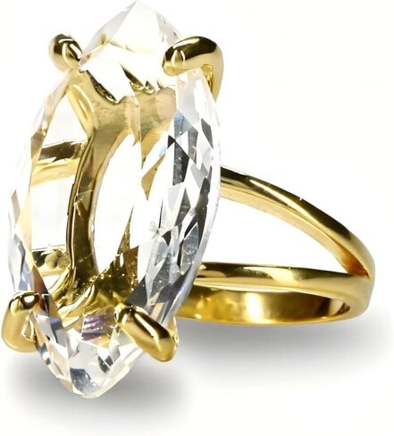 Marquise Crystal Quartz Ring – Clear Elongated Gemstone – 925 Sterling Silver Setting – Double Band Shank Mount – Tall Faceted Center – April Birth Month Jewelry – Statement Size Stone – Gift For Her in Saudi Arabia