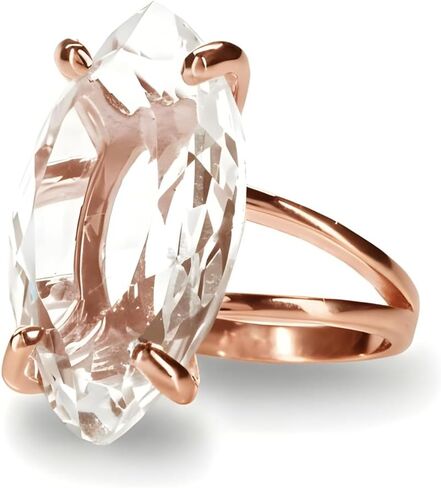 Marquise Crystal Quartz Ring – Clear Elongated Gemstone – 925 Sterling Silver Setting – Double Band Shank Mount – Tall Faceted Center – April Birth Month Jewelry – Statement Size Stone – Gift For Her in Saudi Arabia