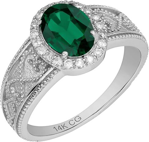 14k Solid White Gold Vintage Style Oval Gemstone and Diamond Halo Birthstone Engagement Ring in Saudi Arabia