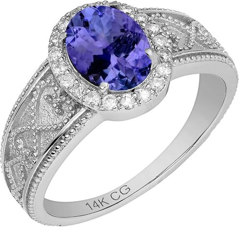 14k Solid White Gold Vintage Style Oval Gemstone and Diamond Halo Birthstone Engagement Ring in Saudi Arabia