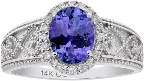 14k Solid White Gold Vintage Style Oval Gemstone and Diamond Halo Birthstone Engagement Ring in Saudi Arabia