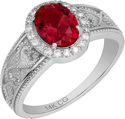 14k Solid White Gold Vintage Style Oval Gemstone and Diamond Halo Birthstone Engagement Ring in Saudi Arabia