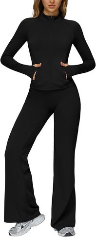 2 Piece Workout Sets for Women Compression Padded Zip Up Jacket Seamless High Waist Flare Leggings Jogger Outfits in Saudi Arabia
