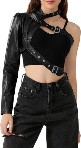 Women One Shoulder Tops Pu Leather Long Sleeve Halter Neck Belt Buckle Top Punk Goth Outfits in Saudi Arabia